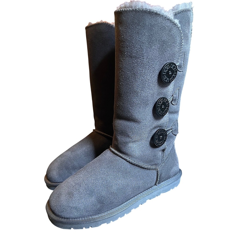 UGG Australia Bailey Button Triplet Grey Suede Tall Sheepskin Boots Womens